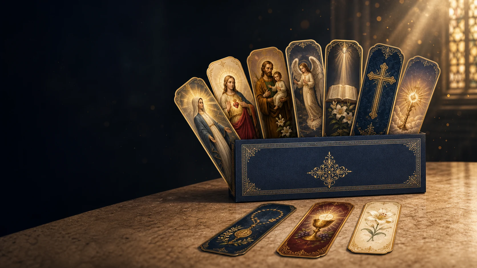Coleção de marcadores católicos com acabamento dourado